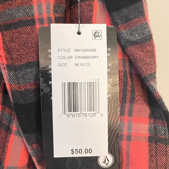 Boy’s Volcom Red and Black Plaid Shirt size Medium NWT - Picture 2 of 3